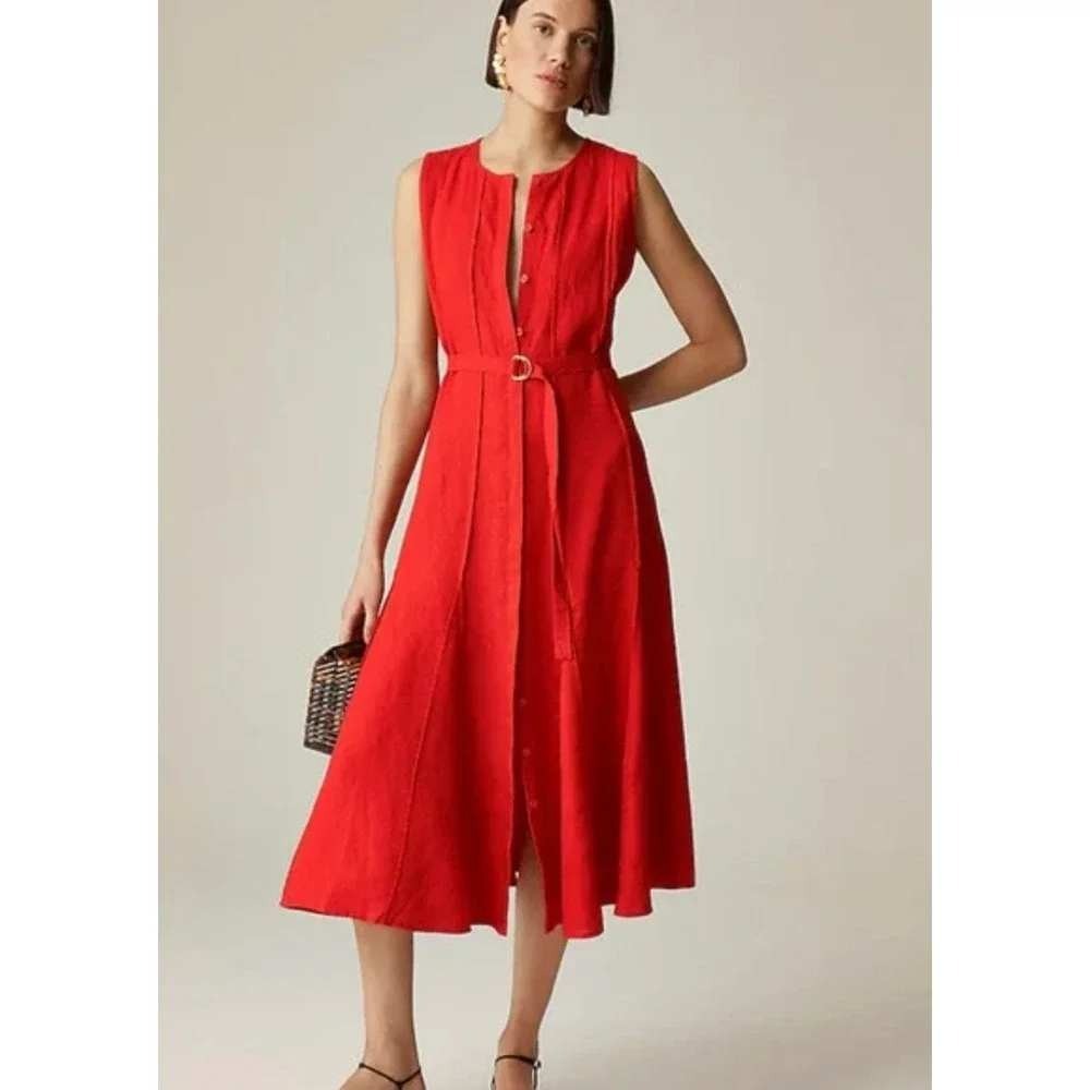 J.Crew Seamed Linen Dress with Removable Belt Red Midi Sleeveless CA671 Size S